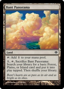 Bant Panorama
 {T}: Add {C}.
{1}, {T}, Sacrifice Bant Panorama: Search your library for a basic Forest, Plains, or Island card, put it onto the battlefield tapped, then shuffle.